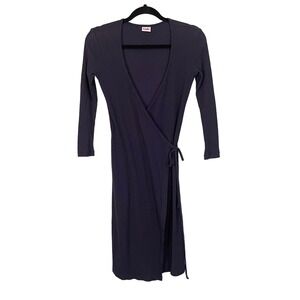LISA SAYS GAH Dress XS Surplice Wrap Tie Waist Ribbed Knit Midi Long Sleeve Blue